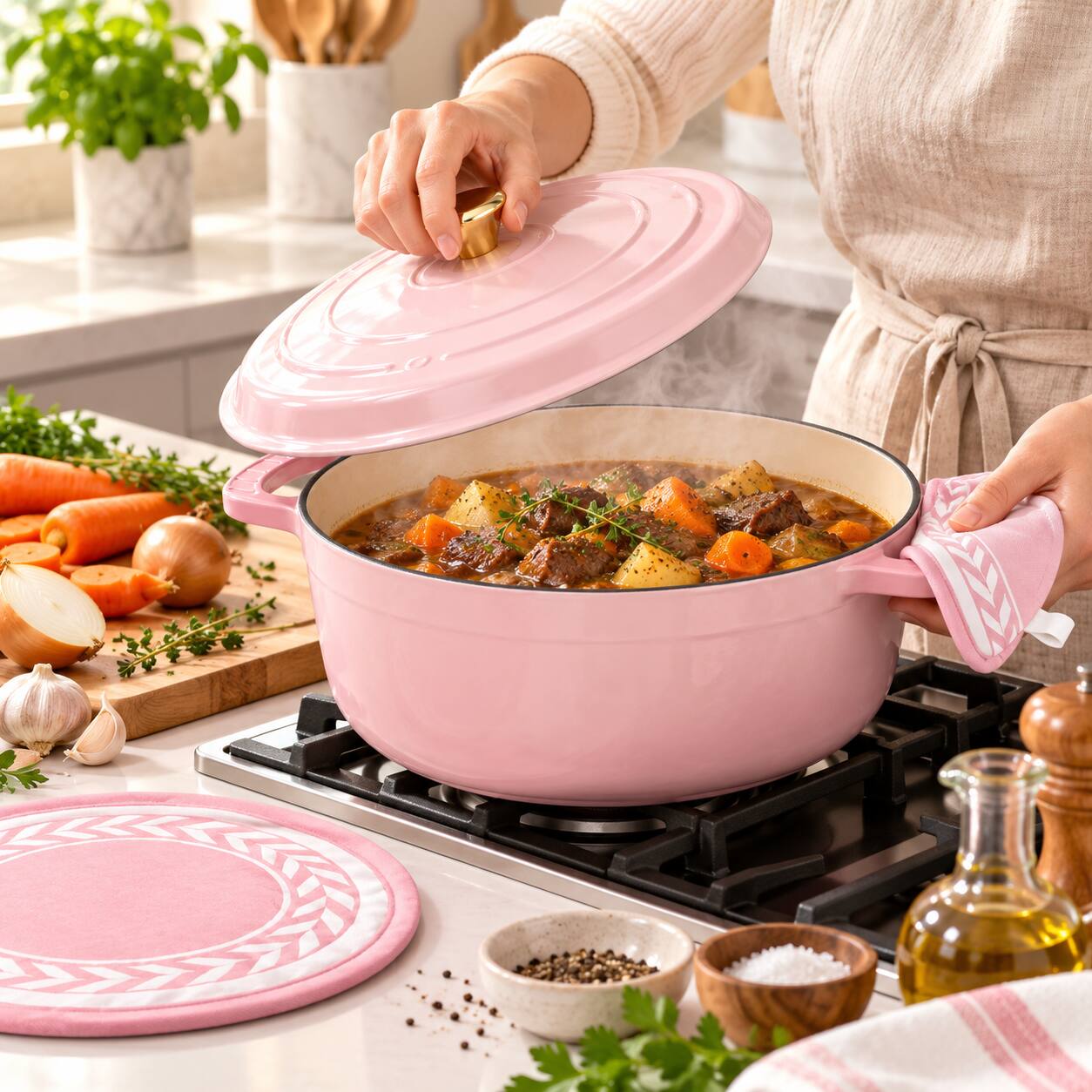 Alt View 2. Winado - 6 QT Enameled Cast Iron Dutch Oven with Self Basting Lid， Heat-Resistant Gloves, Pot Mat for Bread Baking, Roasting New - Pink.
