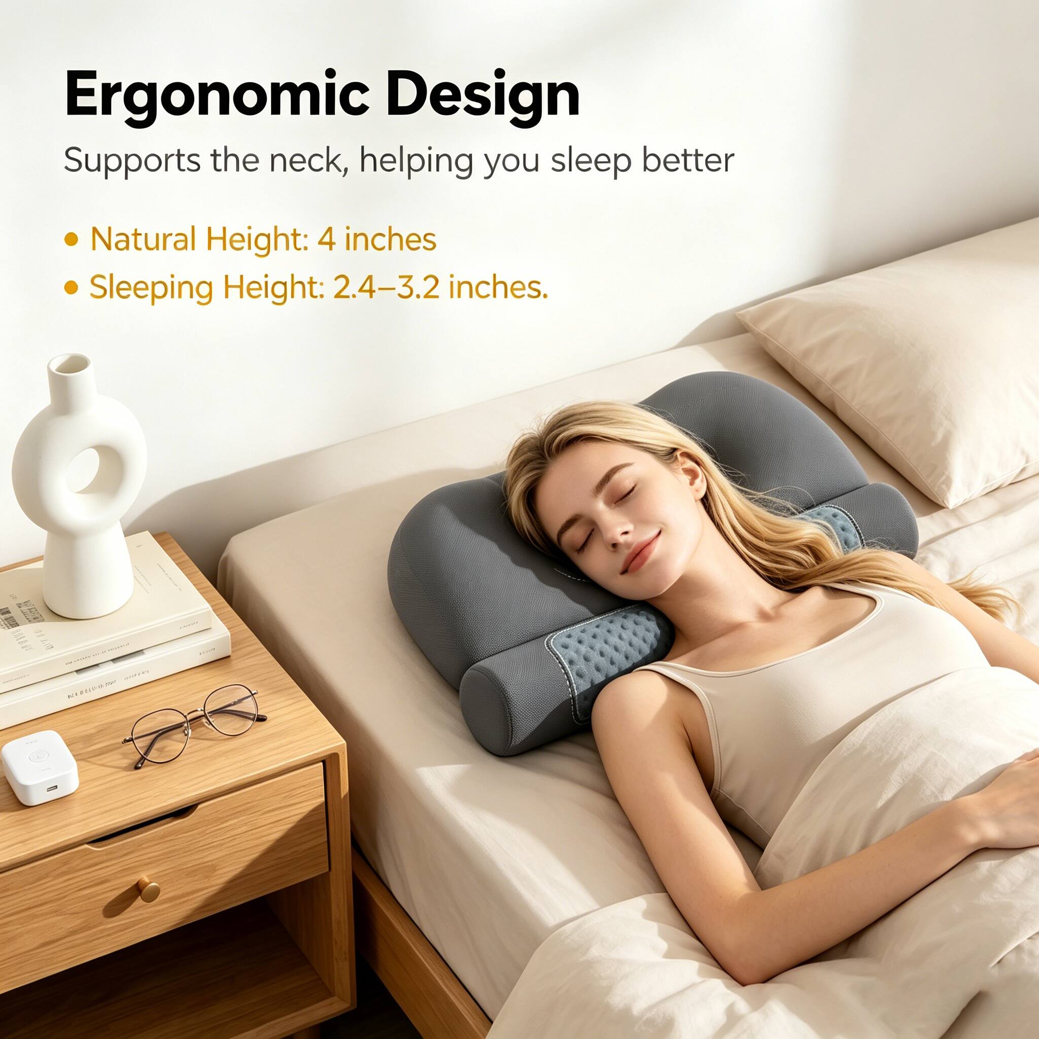 Ergonomic Design  
Supports the neck, helping you sleep better

- Natural Height: 4 inches
- Sleeping Height: 2.4–3.2 inches