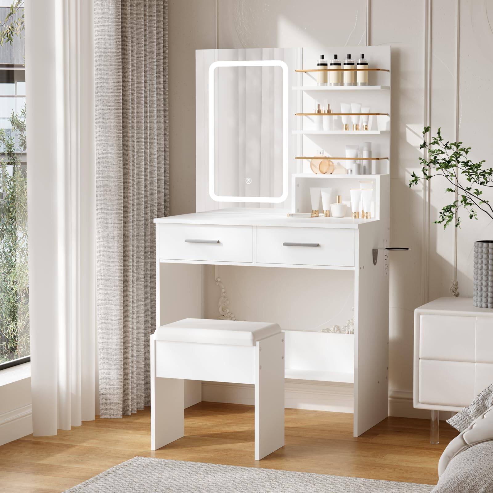 Acekool - Vanity Desk with Mirror and Lights, Makeup Vanity with 2 Drawers & Open Storage Shelves, 3 Lighting Modes - White