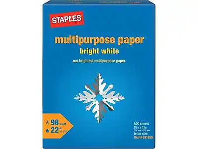 STAPLES multipurpose paper bright white
our brightest multipurpose paper
98 bright
22 lb
500 sheets
8.5 in x 11 in
letter size
Item# 651669