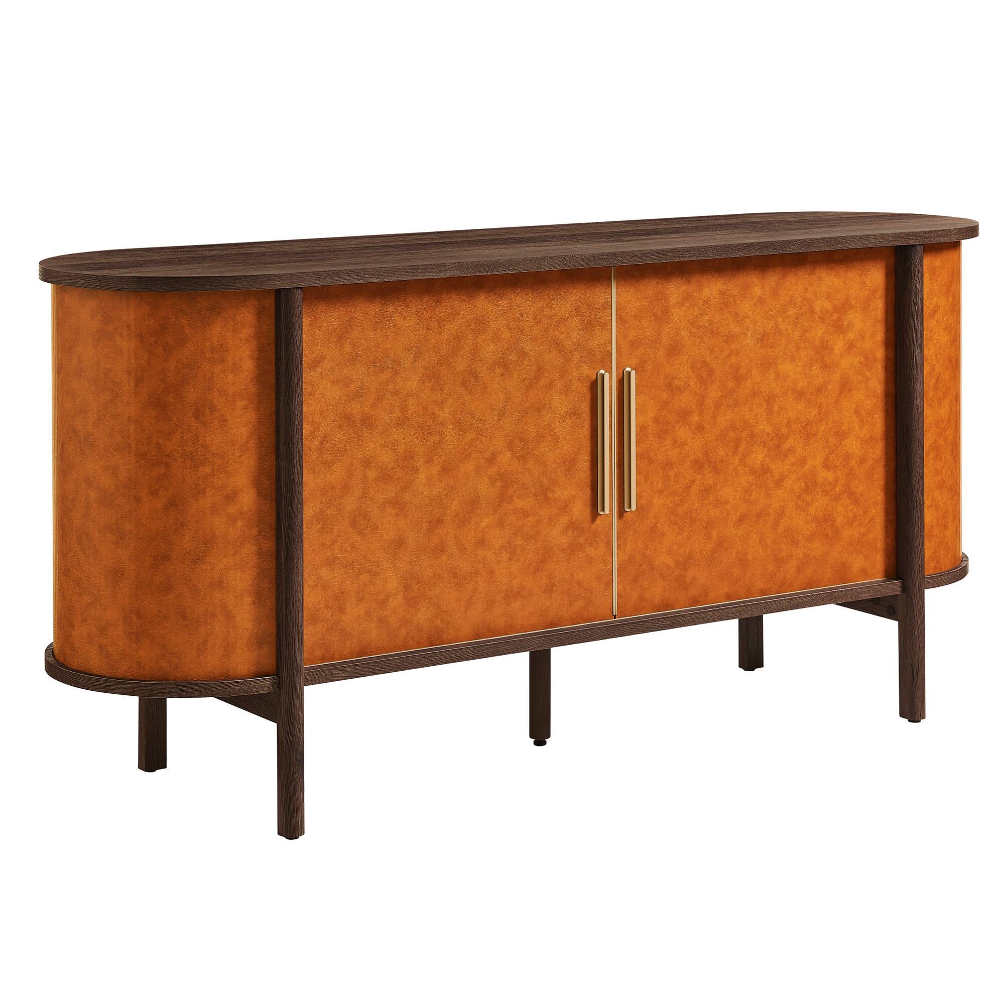 Angle. Modway - Coralie Curved Vegan Leather Oval Sideboard by Modway - Walnut Tan.