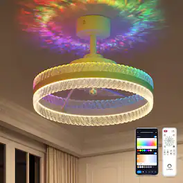 Lumary - 20" Smart Ceiling Fan Light, RGBAI Rainbow Flow Light with Feather Projection, Flush & Downrod Mount - Clear