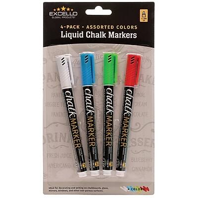 EXCELLO  
4 PACK - ASSORTED COLORS  
Liquid Chalk Markers  

- PANINI MARKER  
- PANTINA MARKER  
- FRESH JUICE MARKER  
- AMERICANO MARKER  
- BLUEBERRY MARKER  
- CINNAMON MARKER  

Ideal for decorating and writing on chalkboards, glass, and other non-porous surfaces.  

Color