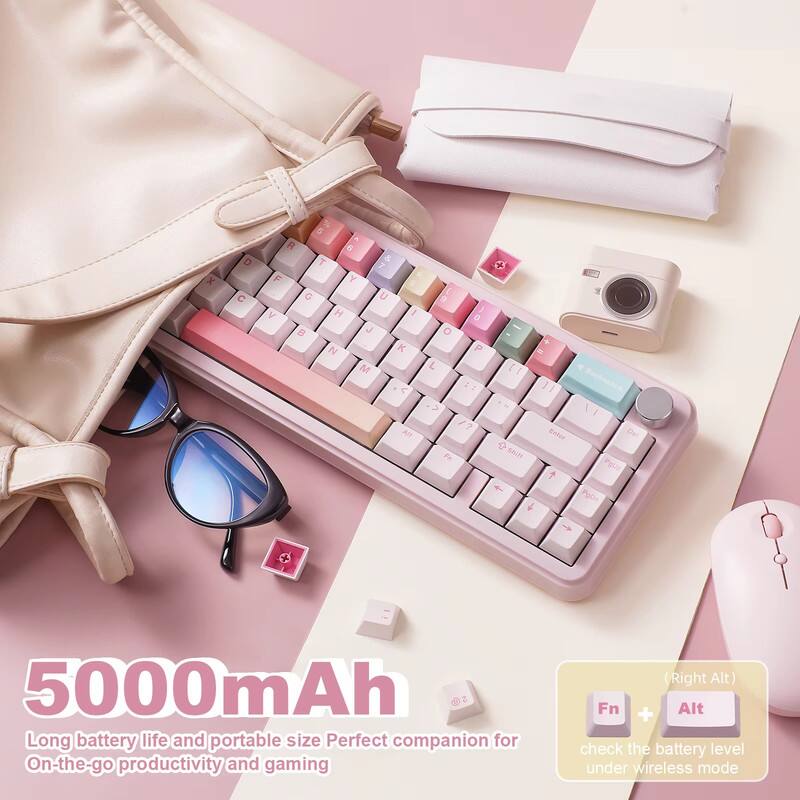 5000mAh  
Long battery life and portable size  
Perfect companion for On-the-go productivity and gaming  

(Right Alt)  
Fn + Alt  
check the battery level under wireless mode