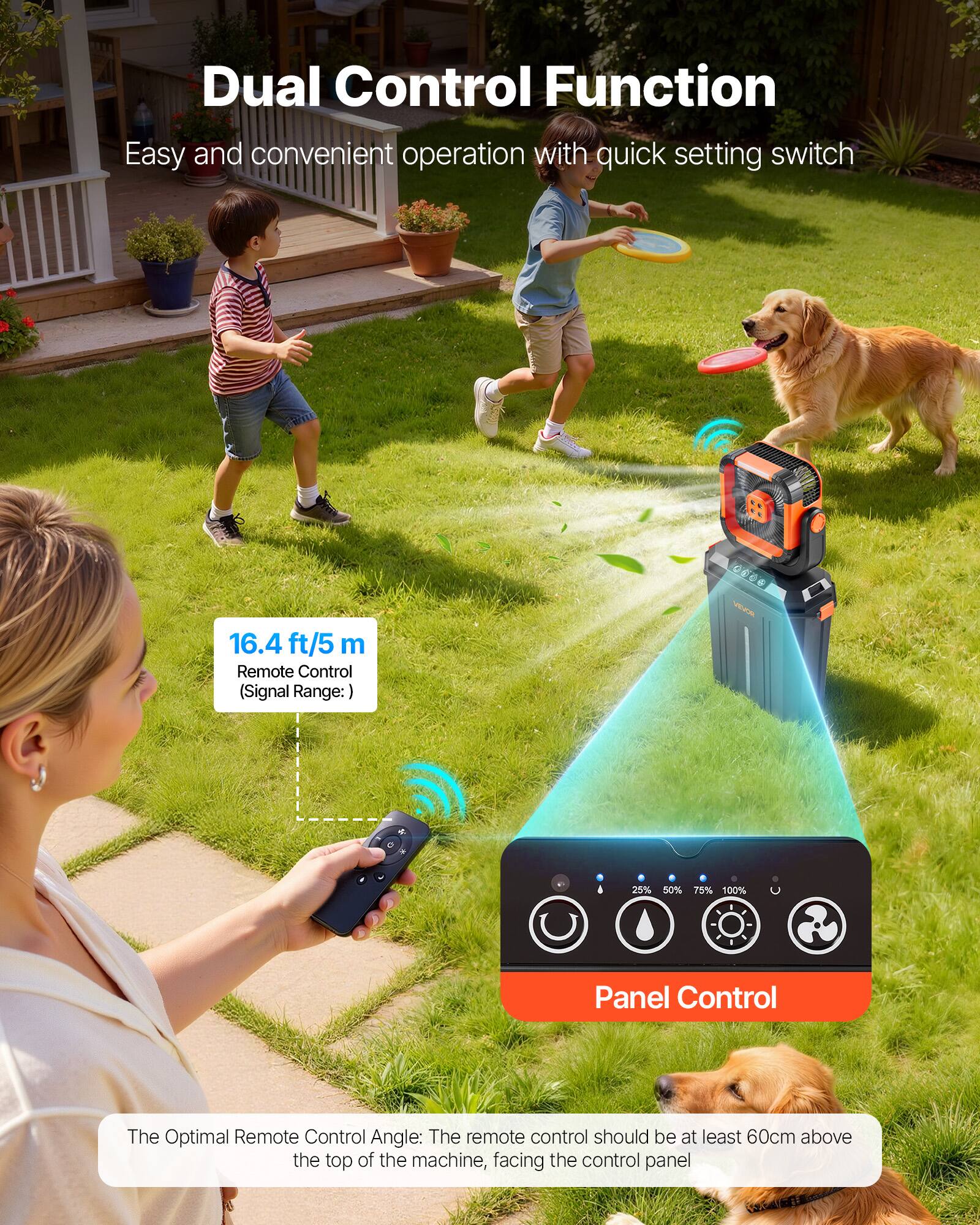 Dual Control Function  
Easy and convenient operation with quick setting switch  

16.4 ft/5 m  
Remote Control (Signal Range:)  

Panel Control  
The Optimal Remote Control Angle: The remote control should be at least 60cm above the top of the machine, facing the control panel