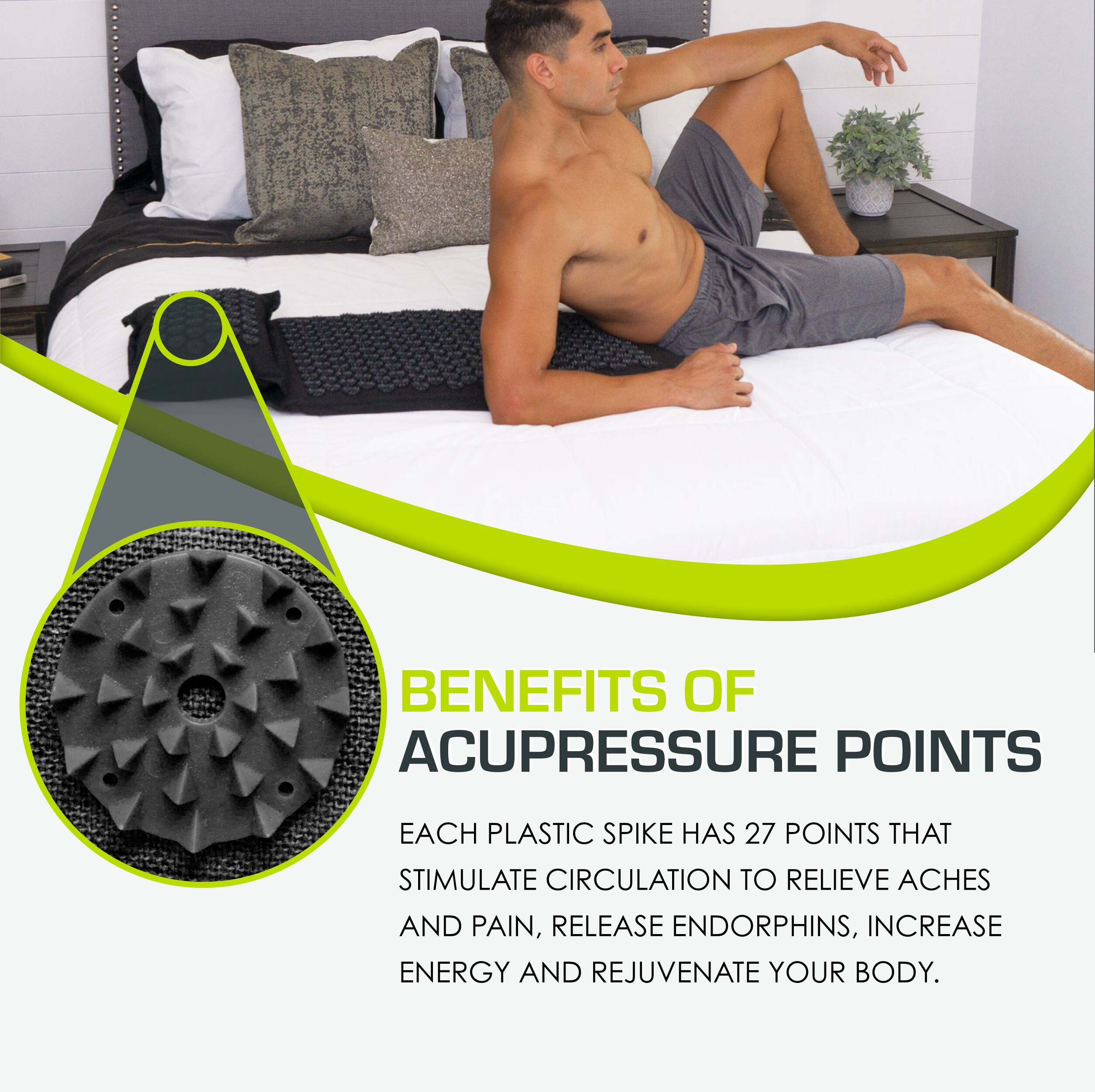 BENEFITS OF ACUPRESSURE POINTS

EACH PLASTIC SPIKE HAS 27 POINTS THAT STIMULATE CIRCULATION TO RELIEVE ACHES AND PAIN, RELEASE ENDORPHINS, INCREASE ENERGY AND REJUVENATE YOUR BODY.