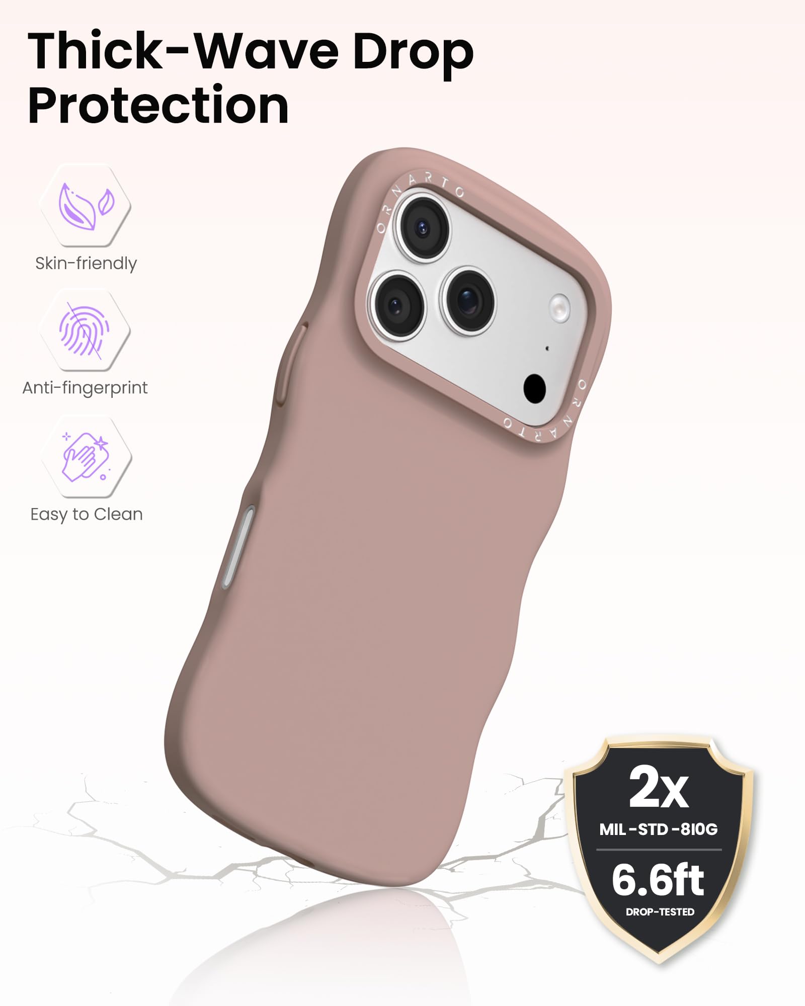 Thick-Wave Drop Protection

- Skin-friendly
- Anti-fingerprint
- Easy to Clean

2x MIL-STD-810G  
6.6ft DROP-TESTED
