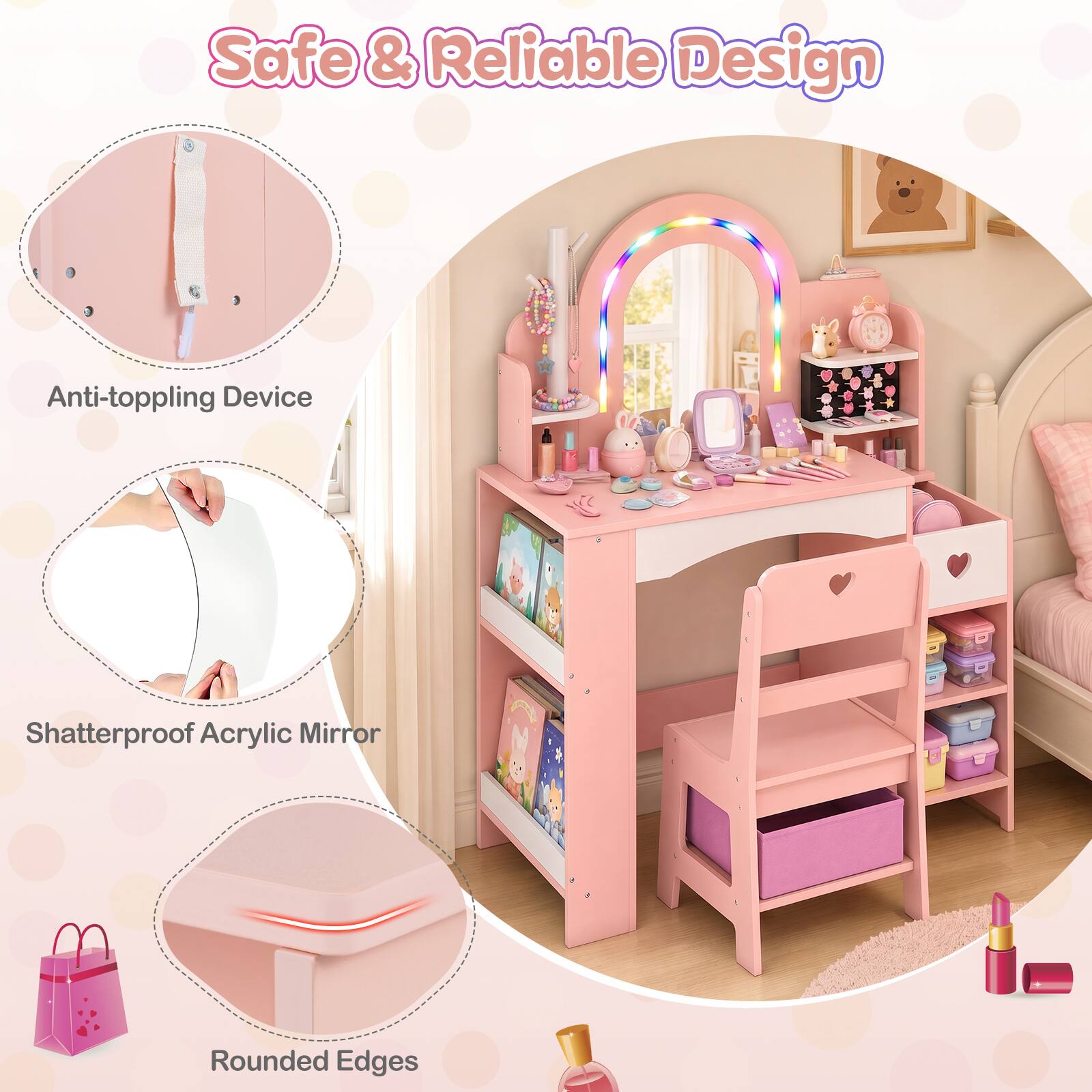 Safe & Reliable Design

Anti-toppling Device

Shatterproof Acrylic Mirror

Rounded Edges