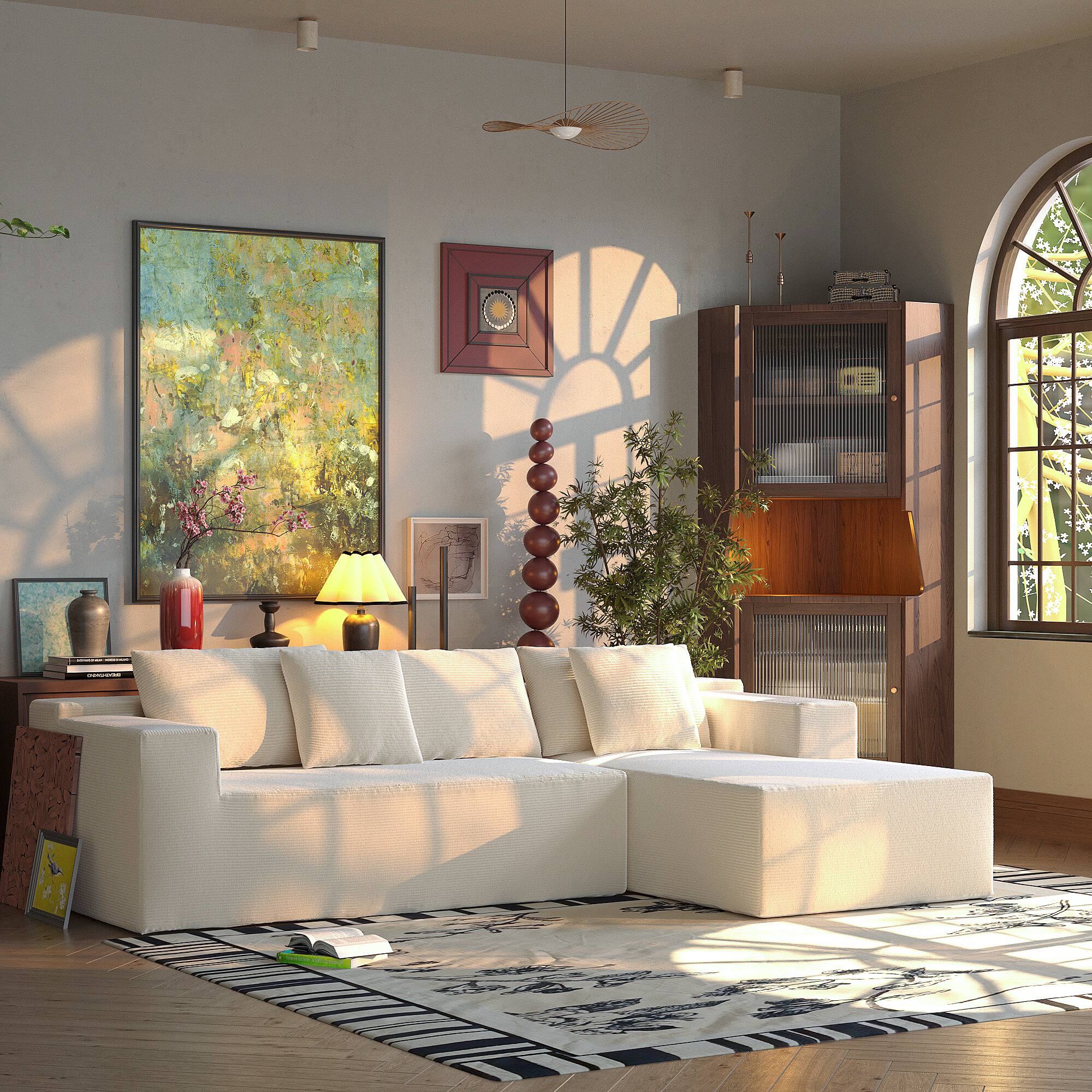 Angle. FUFU&GAGA - Beige Corduroy L-Shaped Sectional Sofa with Chaise, High-Resilience Foam Cushions and Throw Pillows - Beige.