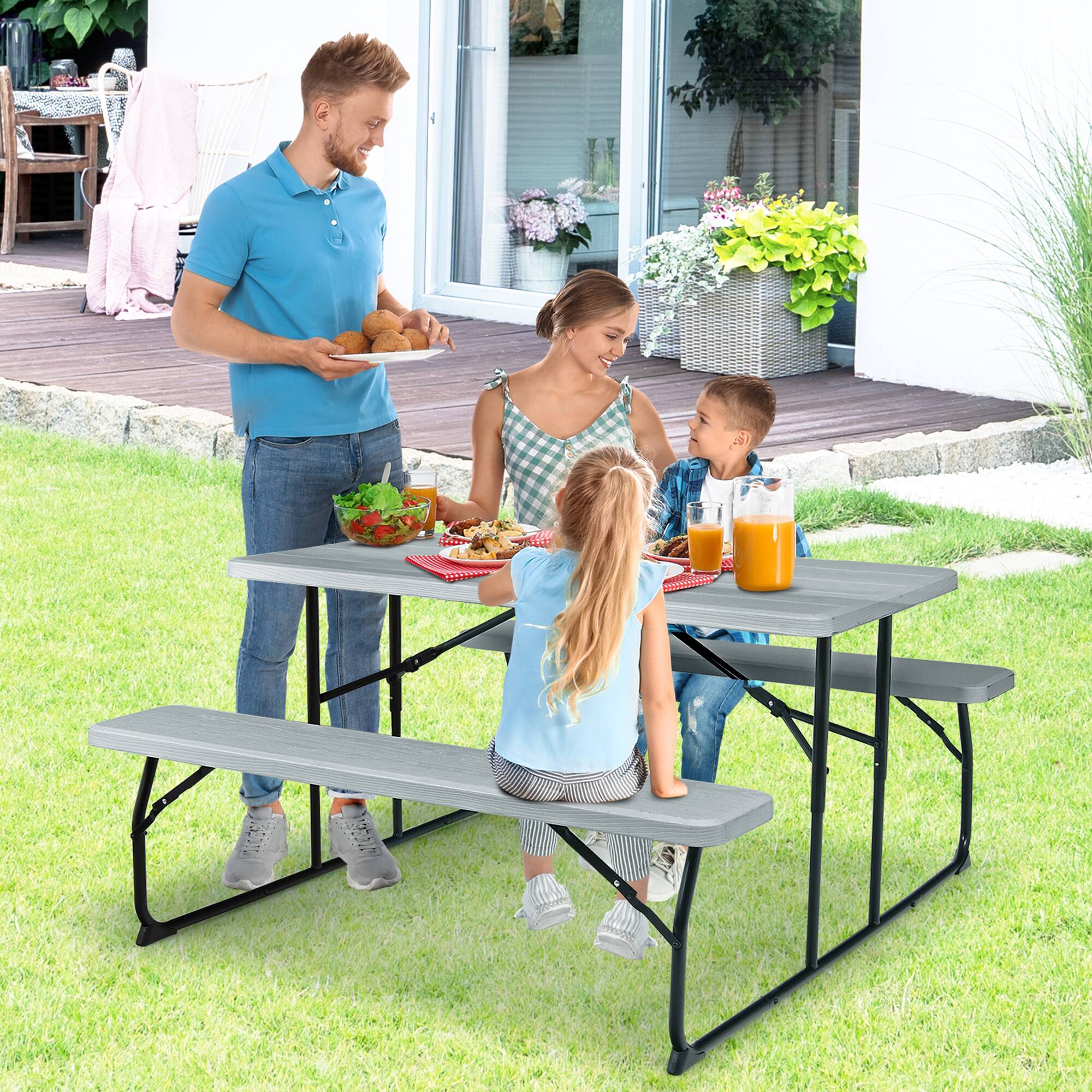 Alt View 4. Gymax - Gymax Folding Picnic Table & Bench Set for Camping BBQ w/ Steel Frame Grey - Grey.