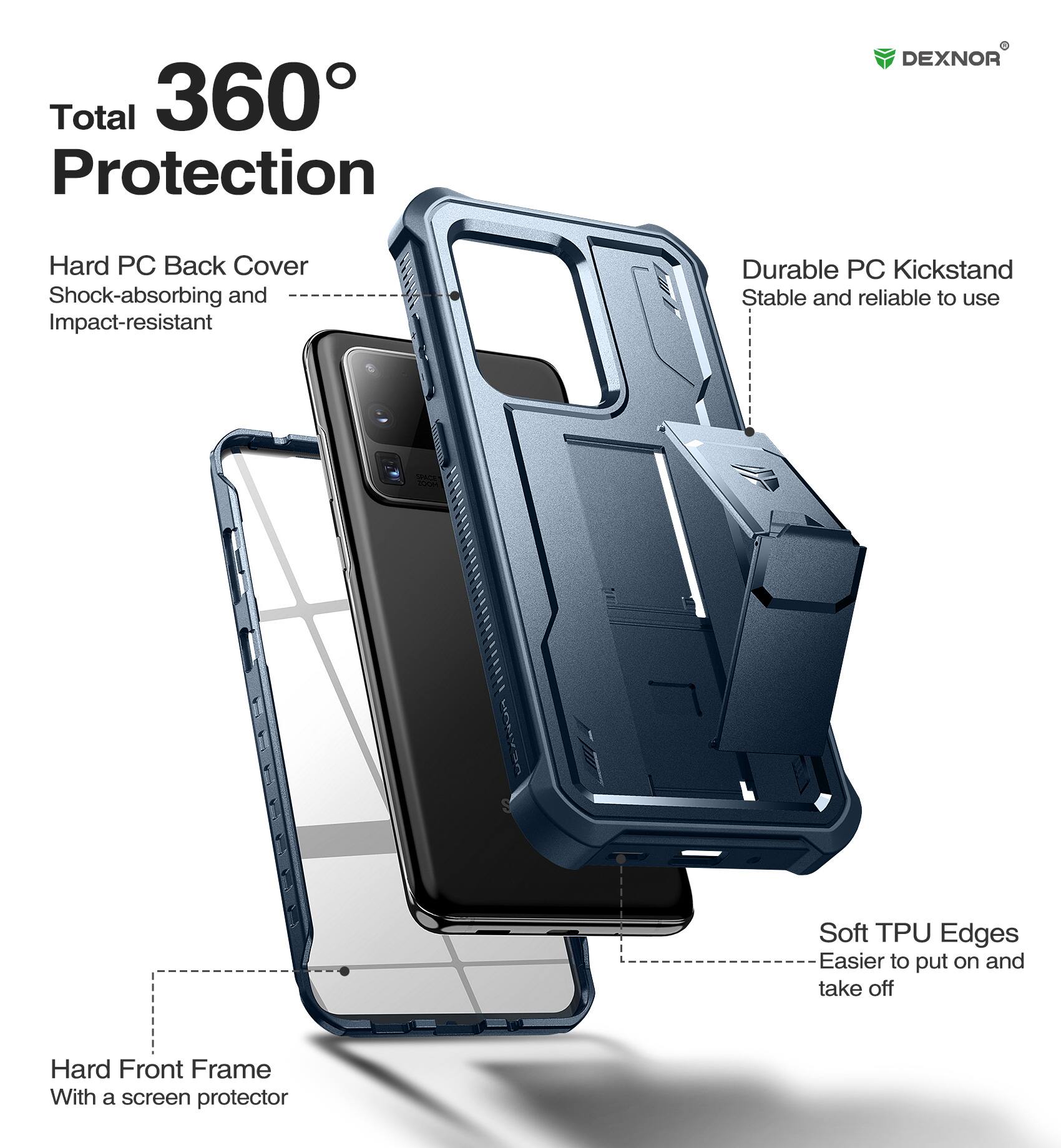 Total 360° Protection

- Hard PC Back Cover
  - Shock-absorbing and Impact-resistant

- Durable PC Kickstand
  - Stable and reliable to use

- Soft TPU Edges
  - Easier to put on and take off

- Hard Front Frame
  - With a screen protector