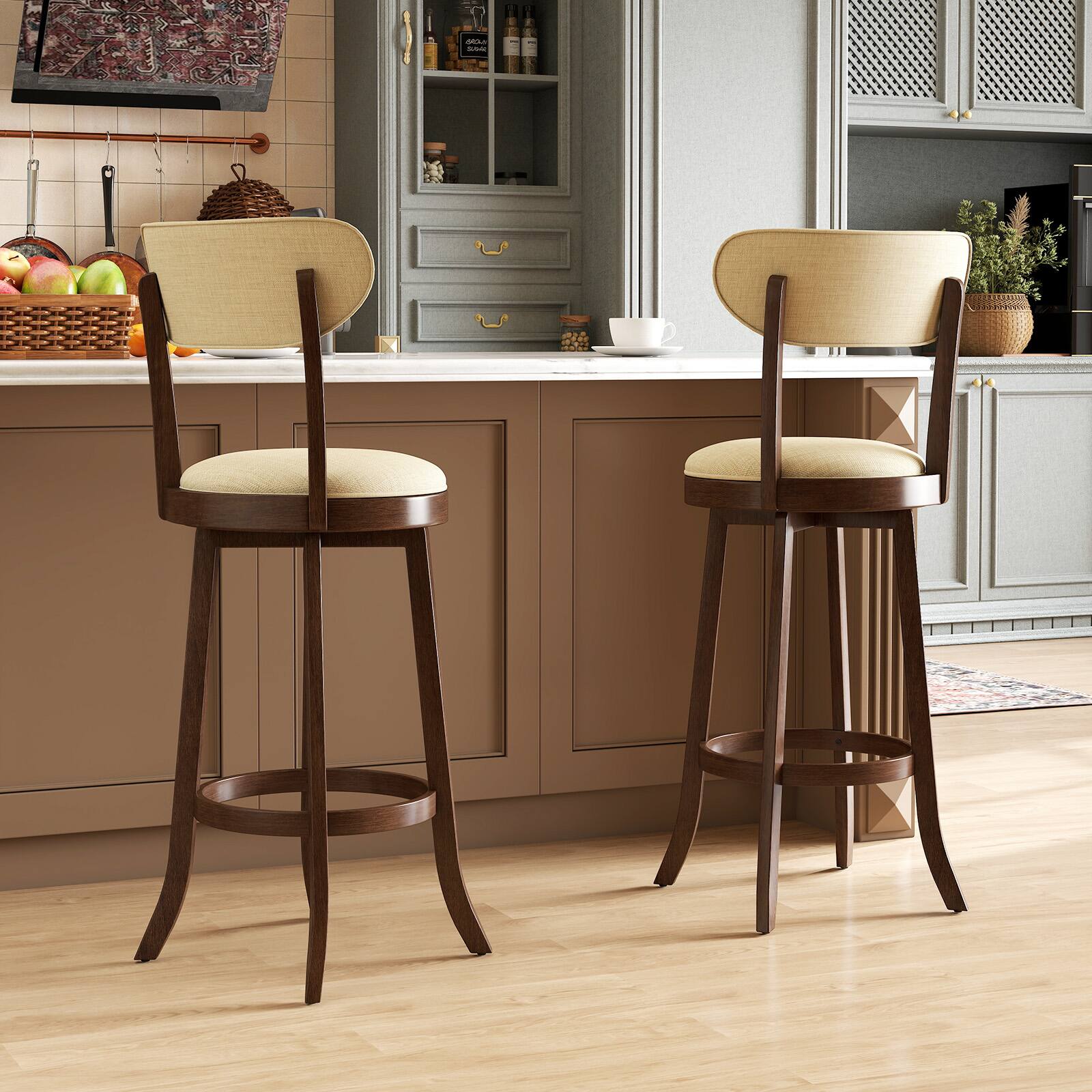 Alt View 1. Gymax - Gymax 30.5'' Bar Height Chairs Set of 2 Swivel High Barstool w/ Padded Seat & Backrest - Brown, Beige.