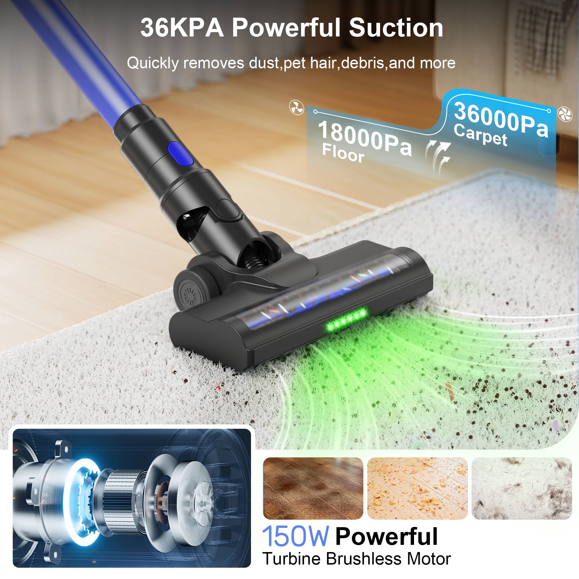 36KPA Powerful Suction  
Quickly removes dust, pet hair, debris, and more  

36000Pa Carpet  
18000Pa Floor  

150W Powerful Turbine Brushless Motor