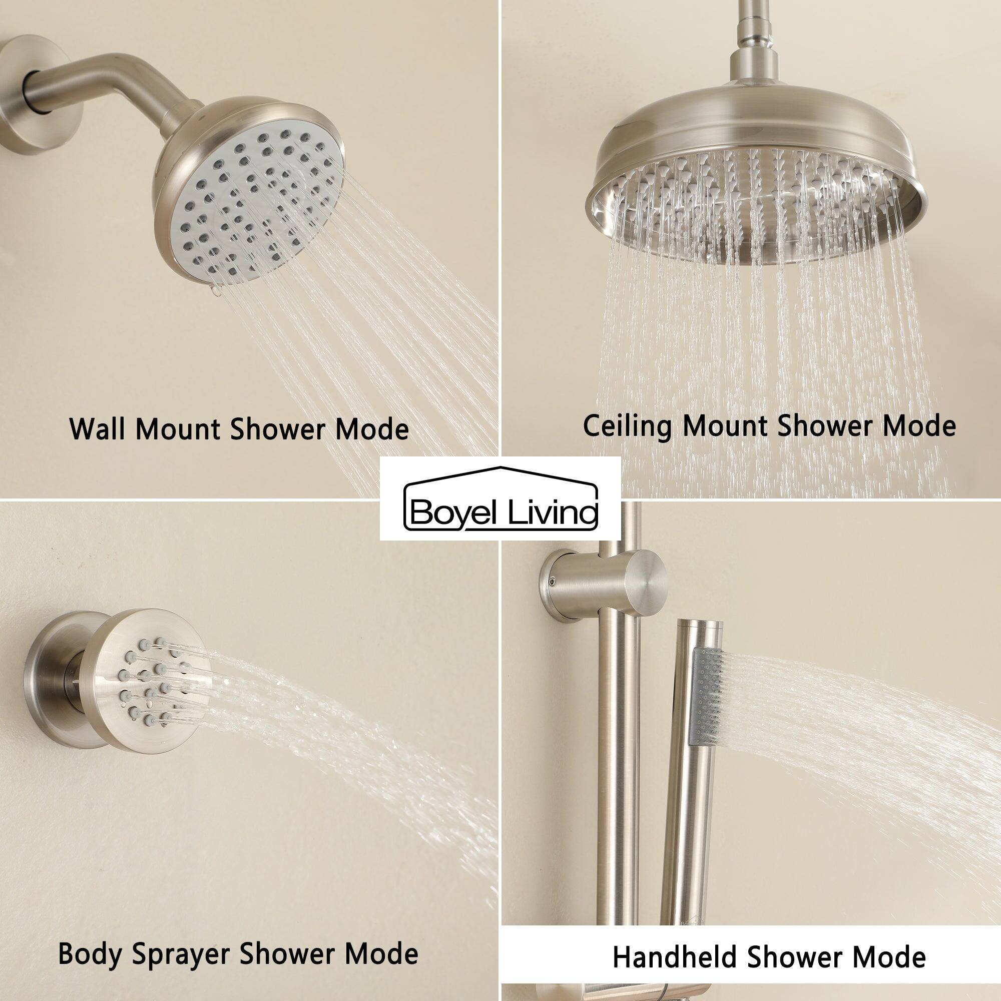 Boyel Living, Wall Mount Shower Mode, Ceiling Mount Shower Mode, Body Sprayer Shower Mode, Handheld Shower Mode