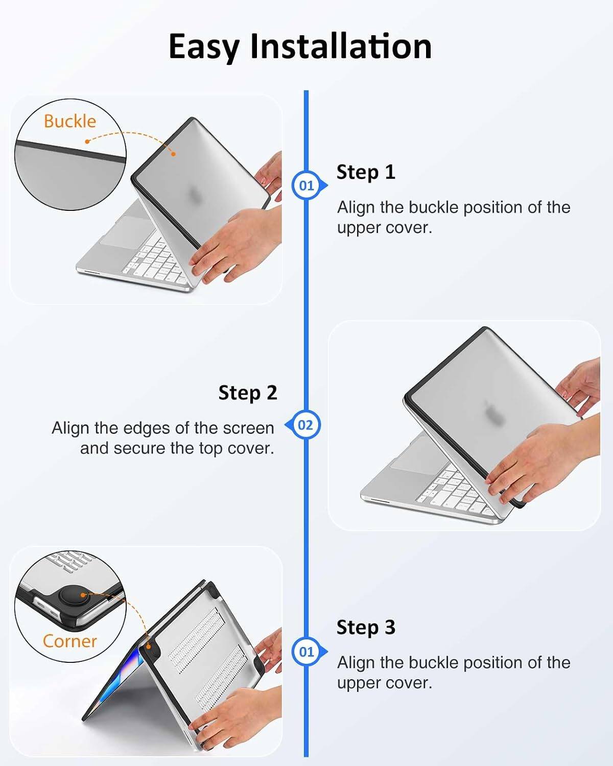 Easy Installation

Step 1
Align the buckle position of the upper cover.

Step 2
Align the edges of the screen and secure the top cover.

Step 3
Align the buckle position of the upper cover.