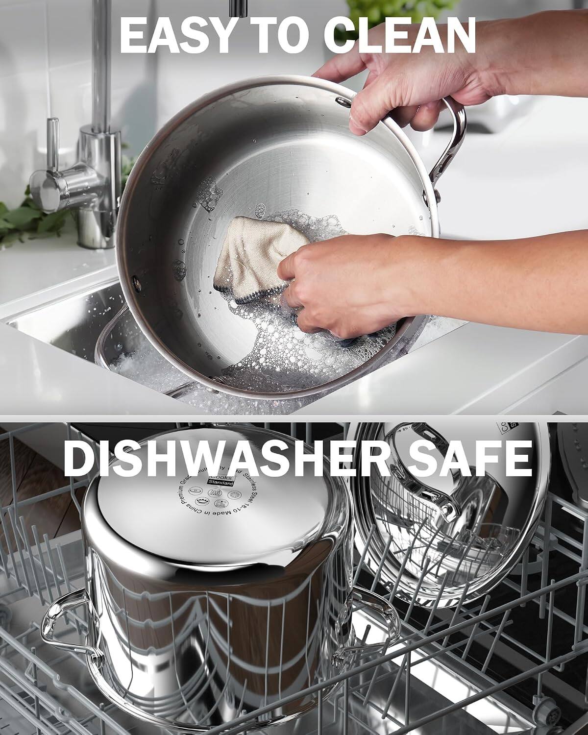 EASY TO CLEAN

DISHWASHER SAFE

Co S DISHWASHER Cooks SAFE Grad Standard Stainless Premium 18-10 Steel China in Made