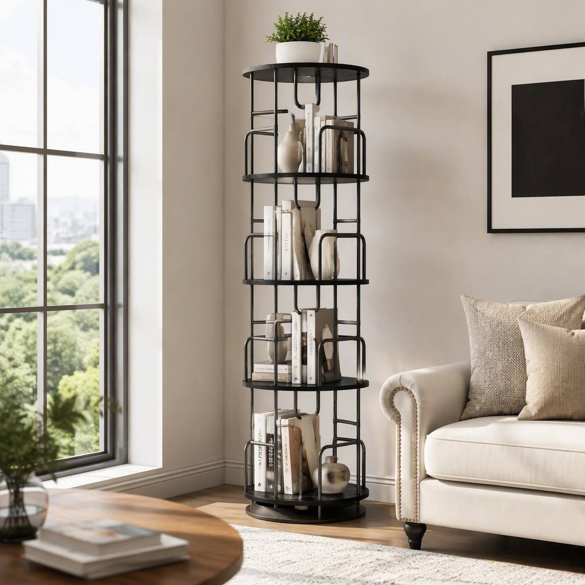 Angle. RYHNUYNE - 62.2 in 5-Tier 360° Rotating Bookshelf Tower Narrow Tall Spinning Bookcase MDF and Iron Vertical Round Storage Organizer - Black.