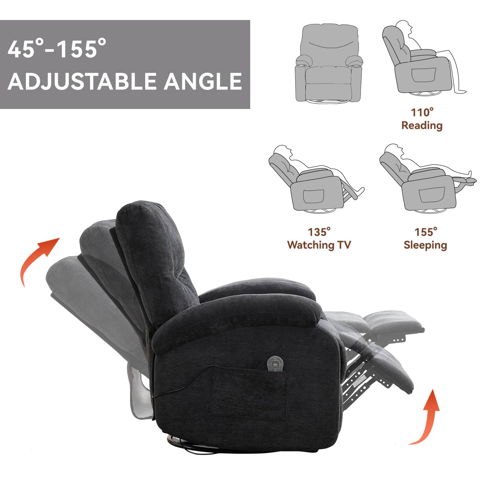 45°-155° Adjustable Angle

110° Reading

135° Watching TV

155° Sleeping