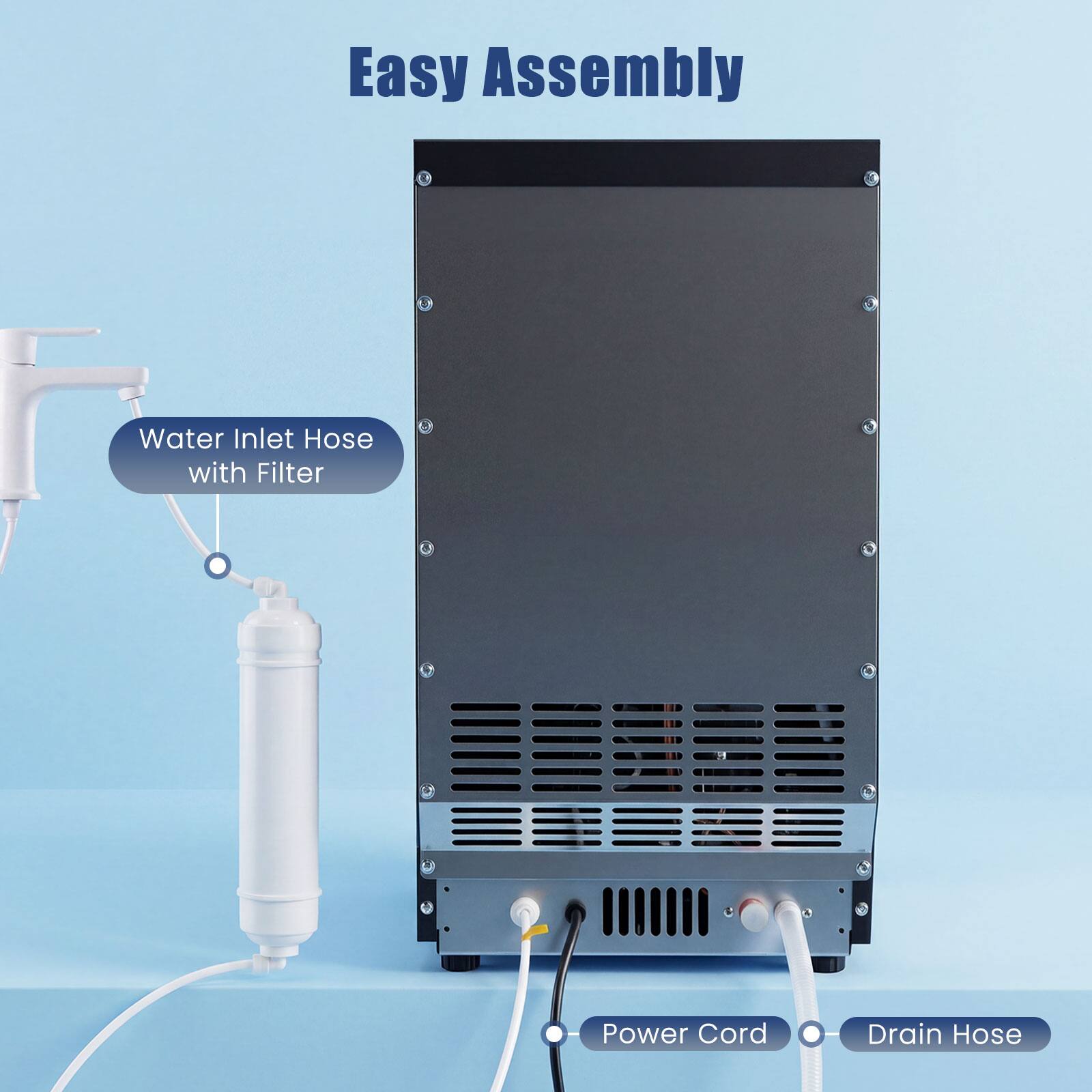 Easy Assembly

- Water Inlet Hose with Filter
- Power Cord
- Drain Hose