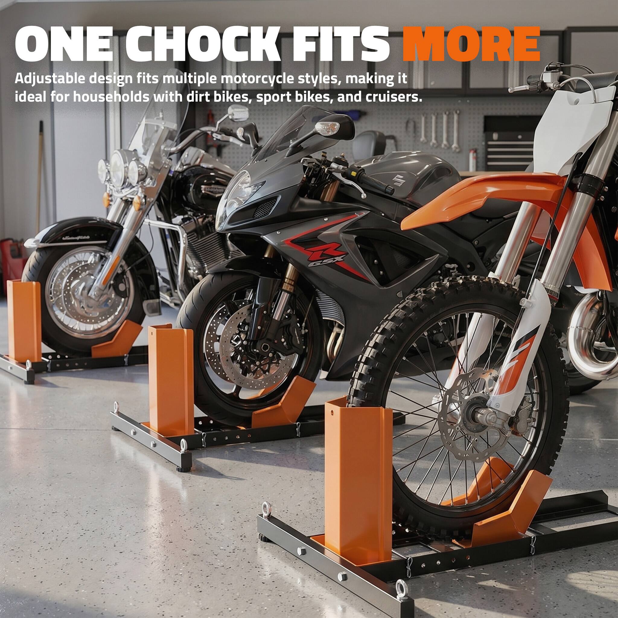 ONE CHOCK FITS MORE

Adjustable design fits multiple motorcycle styles, making it ideal for households with dirt bikes, sport bikes, and cruisers.