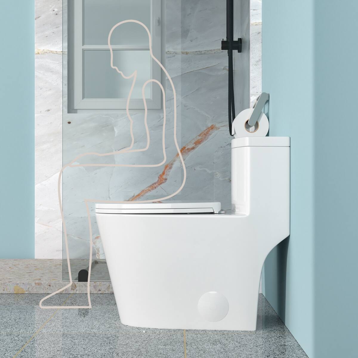 Left. Loheer - Loheer One Piece Ceramic Toilet, Dual Flush, Elongated Bowl, Twelve Inch Rough In - White.