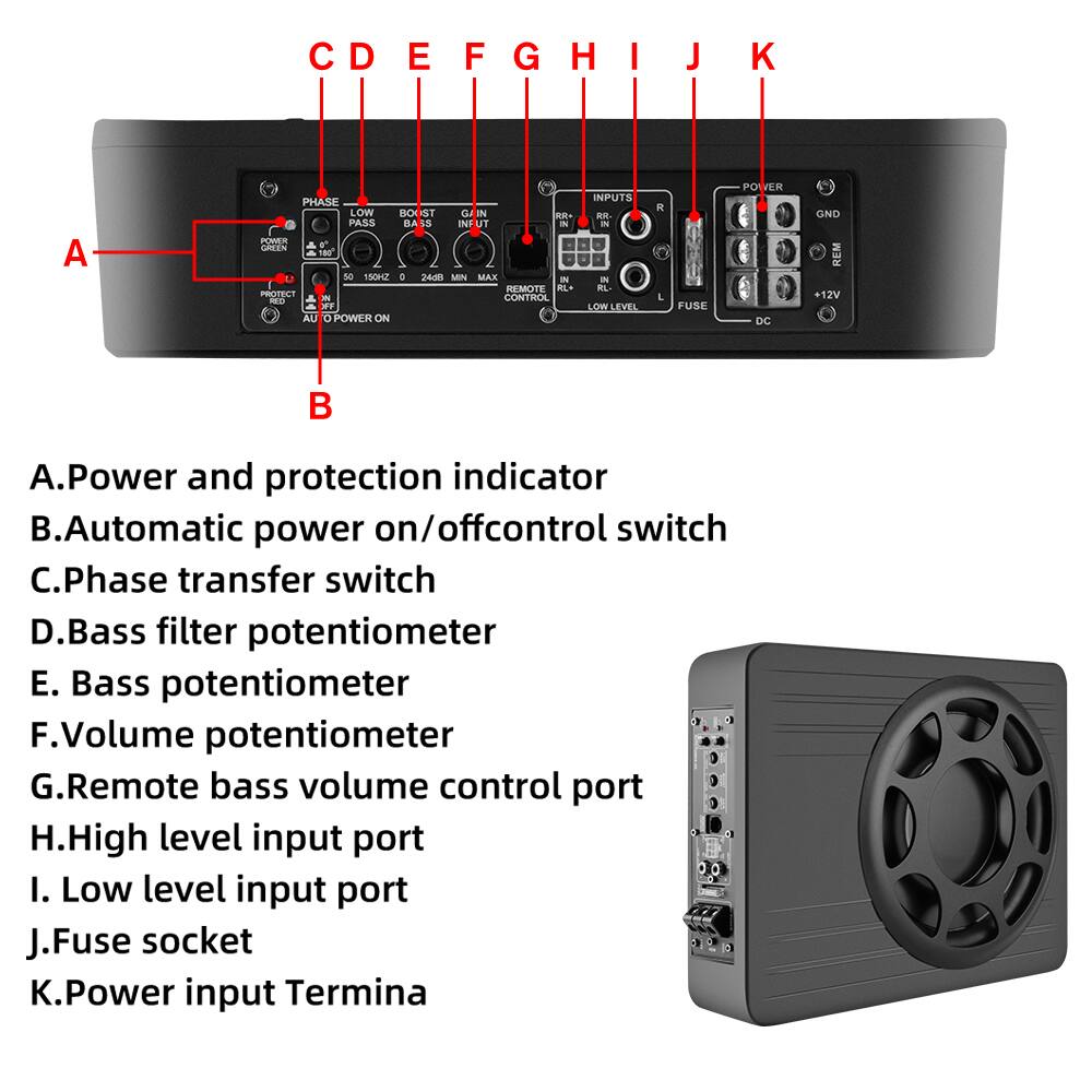 CDEFGHIJK C E G H I J K A PHASE LOW BO T a IN - PASS BA S INF UT - nn o LEN - 180 50 100KZ 4 244 MIN MAX I REMOTE - PROTECT CONTROL RO - FFF AU POWER ON INPUTS i - - RL. LOW LEVEL A L FUSE PO VER DC GND REM +12V  A. A.Power and protection indicator . Automatic power on/offcontrol switch . Phase transfer switch D. Bass filter potentiometer E. Bass potentiometer F. Volume potentiometer 5 G. Remote bass volume control port H. High level input port I. Low level input port J.Fuse socket K. K.Power input Termina
