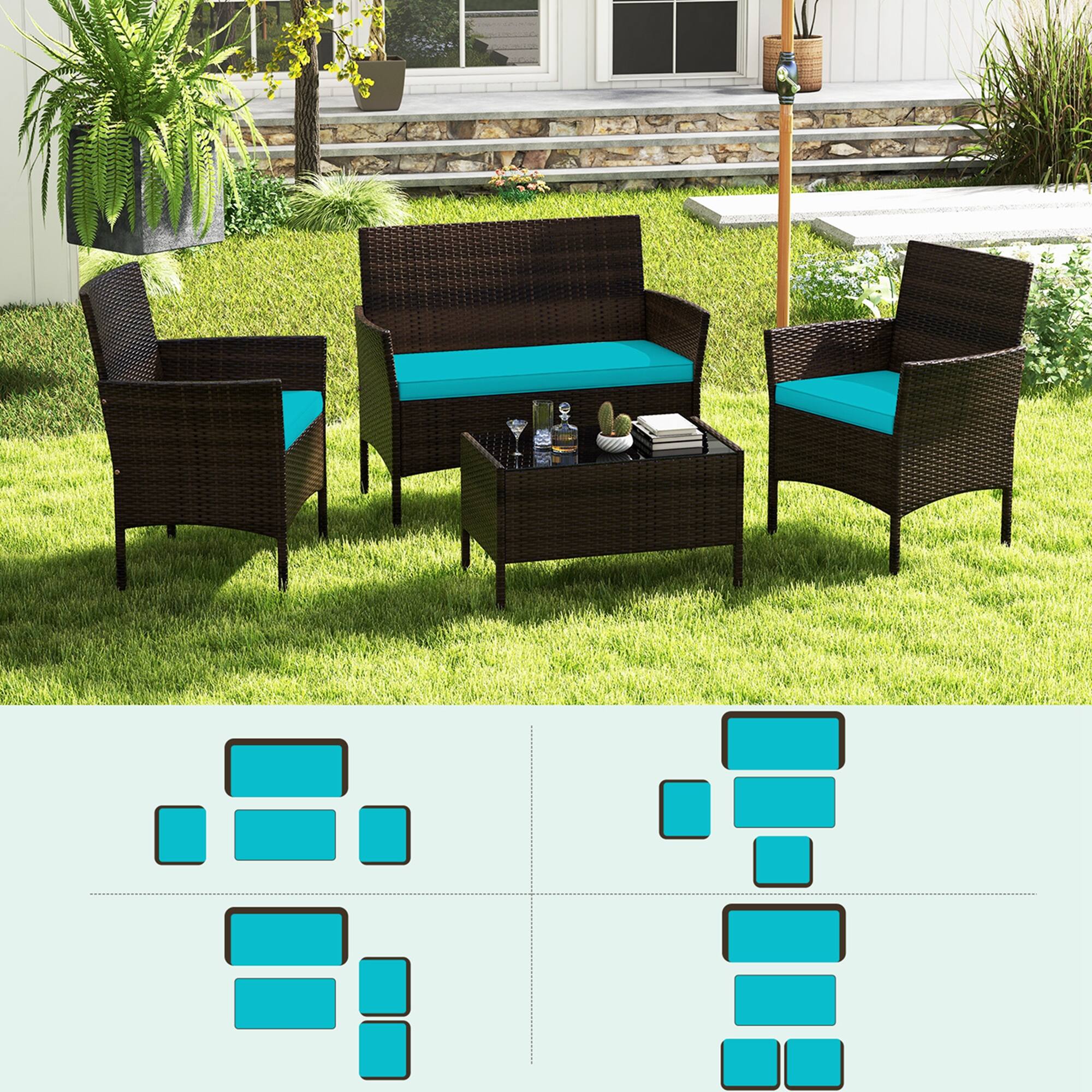 Alt View 6. Costway - 4 PCS Patio Furniture Set with Washable Cushions and Tempered Glass Coffee Table - Mix Brown + Turquoise.