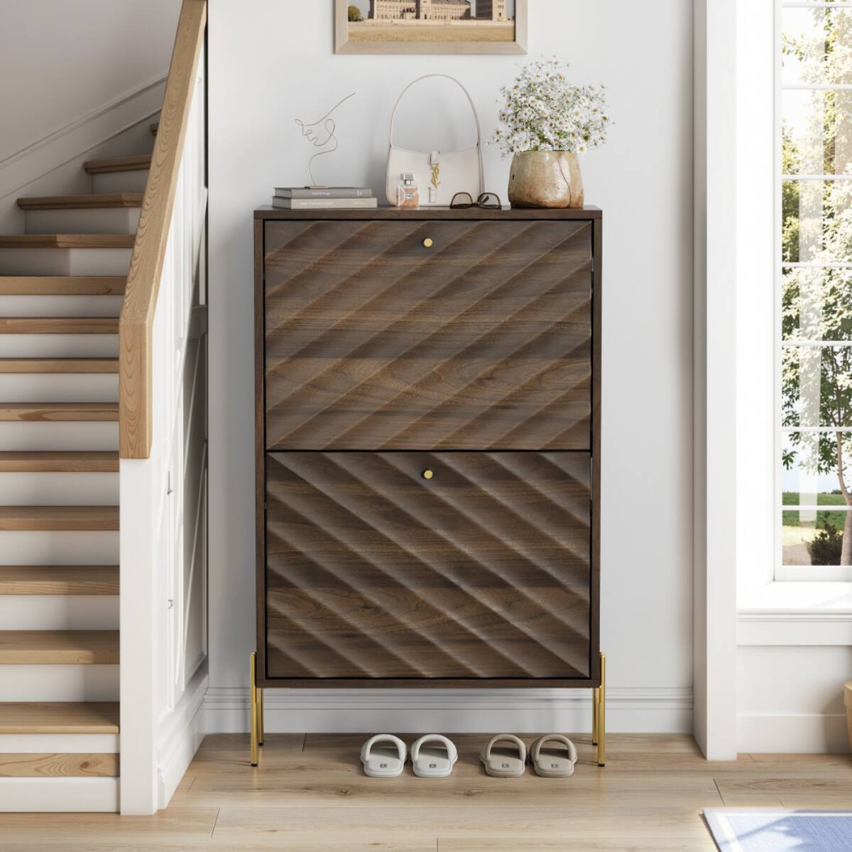 Alt View 4. HTUTWOO - 23.6 Inch Shoe Cabinet - Freestanding Organizer with Anti-Tipping Device for Entryway, Hallway, and Small Spaces - Brown.