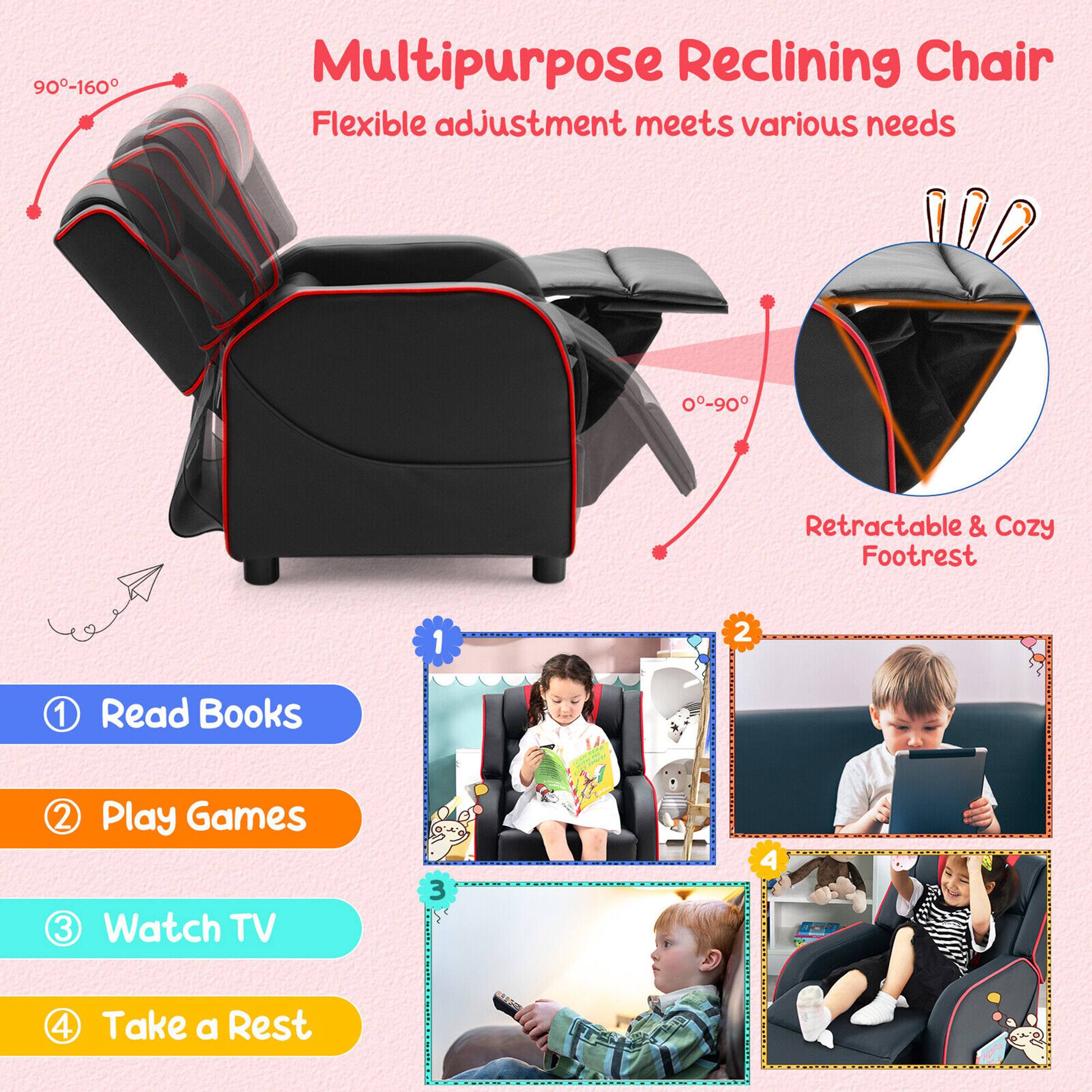 Multipurpose Reclining Chair  
Flexible adjustment meets various needs  

90°-160°  
0°-90°  

Retractable & Cozy Footrest  

1. Read Books  
2. Play Games  
3. Watch TV  
4. Take a Rest