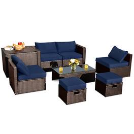 Costway - 8PCS Patio Rattan Furniture Set Space-Saving Storage Cushion cover - Navy