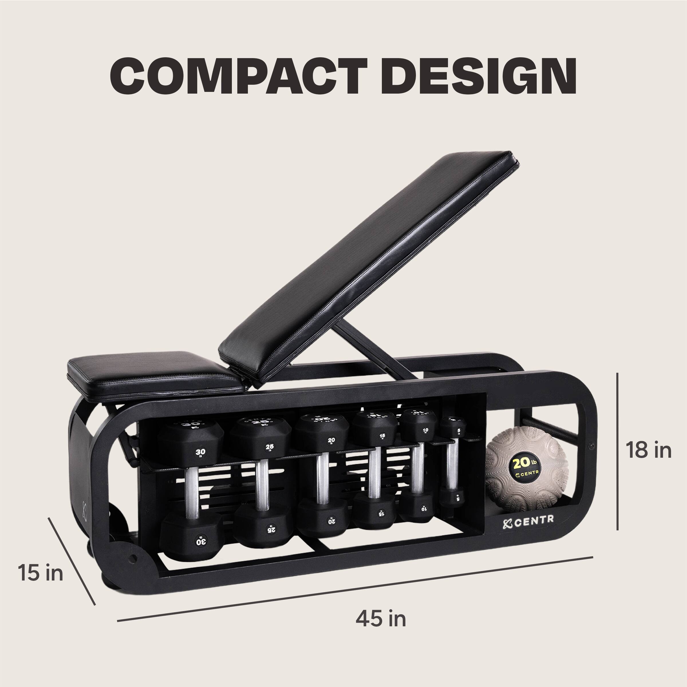 The text on the image reads "COMPACT DESIGN 30 a 29 + ! 20 * OEHTR 18 in 30 & CENTR 15 in 45 in." This text is describing a compact design that is 30 inches in length, with a 29-inch width, and a 20-inch height. The design is made by Centr, and it is a compact piece of equipment that can be used for various exercises.