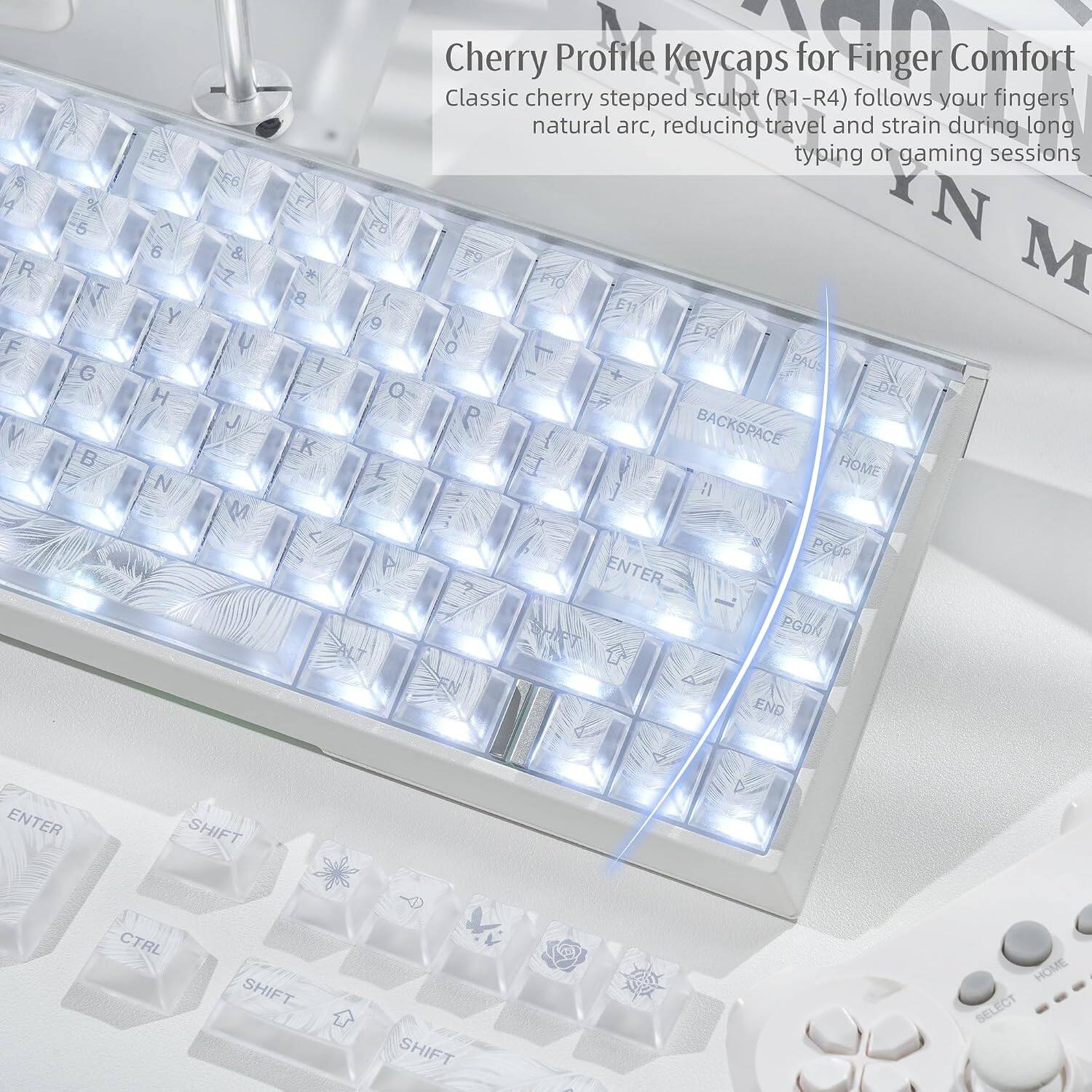 Cherry Profile Keycaps for Finger Comfort  
Classic cherry stepped sculpt (R1-R4) follows your fingers' natural arc, reducing travel and strain during long typing or gaming sessions