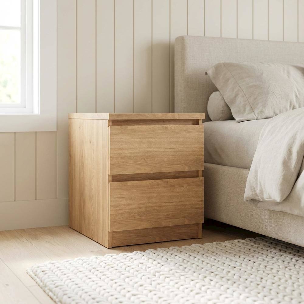 Left. FurniFact - Hickory Nightstand with 2 Drawers and Timeless Design - Brown.