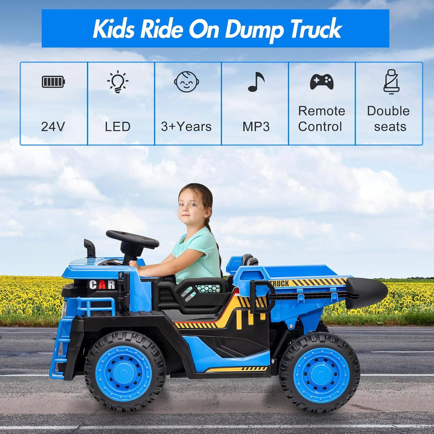 Kids Ride On Dump Truck

- 24V
- LED
- 3+Years
- MP3
- Remote Control
- Double seats