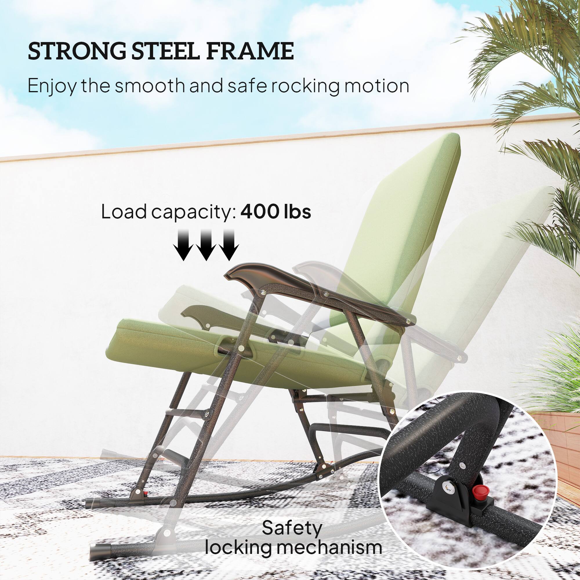 STRONG STEEL FRAME  
Enjoy the smooth and safe rocking motion  

Load capacity: 400 lbs  

Safety locking mechanism