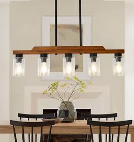 RYHNUYNE - 5-Light Rustic Chandelier 35 Inch Wood Linear Pendant Light with Seed Glass Shades, Adjustable Farmhouse Island Lighting