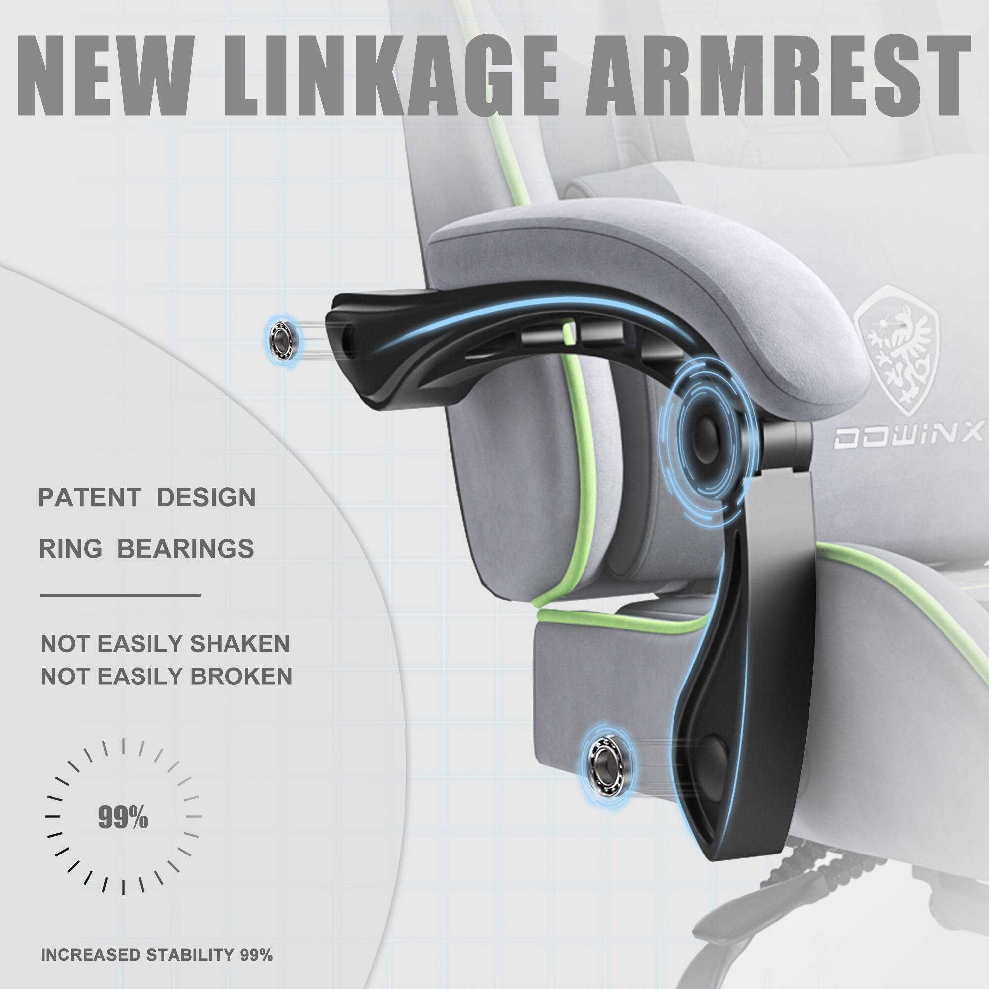 NEW LINKAGE ARMREST

PATENT DESIGN
RING BEARINGS

NOT EASILY SHAKEN
NOT EASILY BROKEN

99% INCREASED STABILITY