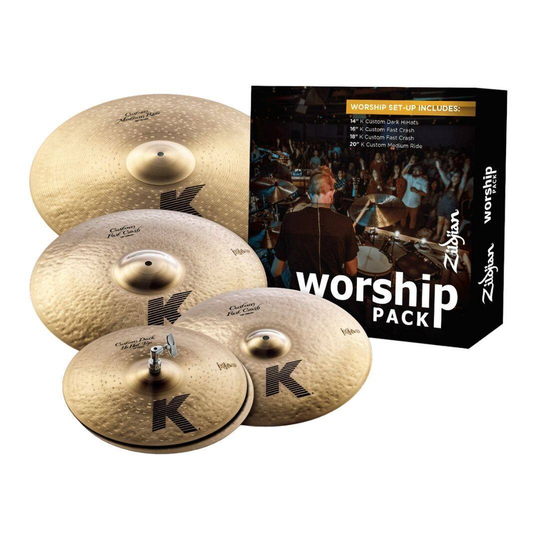WORSHIP SET-UP INCLUDES:  
14" Custom Dark HiHats  
16" Custom Fast Crash  
18" Custom Fast Crash  
20" Custom Medium Ride  

Zildjian Worship Pack