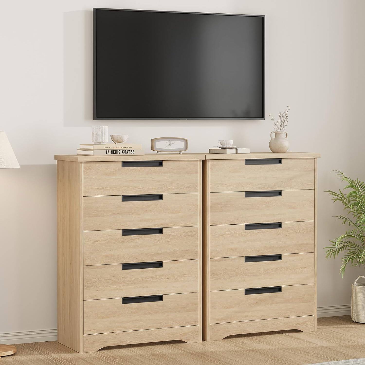 Back. GARVEE - 5 Drawer Dresser for Bedroom, Natural Chest of Drawers with Embedded Handles, Wooden Dresser Organizer for Living Room - Natural.