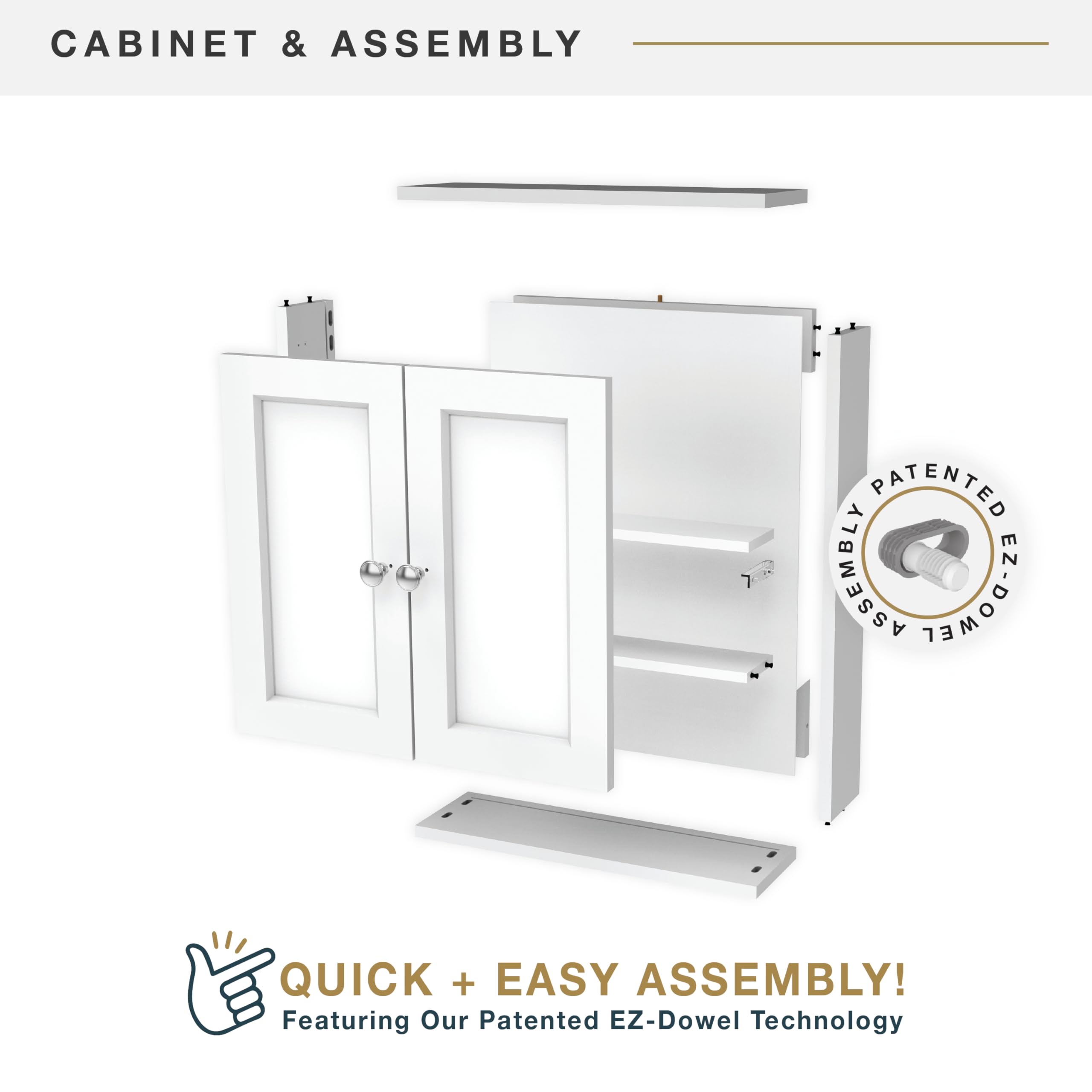 CABINET & ASSEMBLY

QUICK + EASY ASSEMBLY!
Featuring Our Patented EZ-Dowel Technology

PATENTED ASSEMBLY EZ-DOWEL