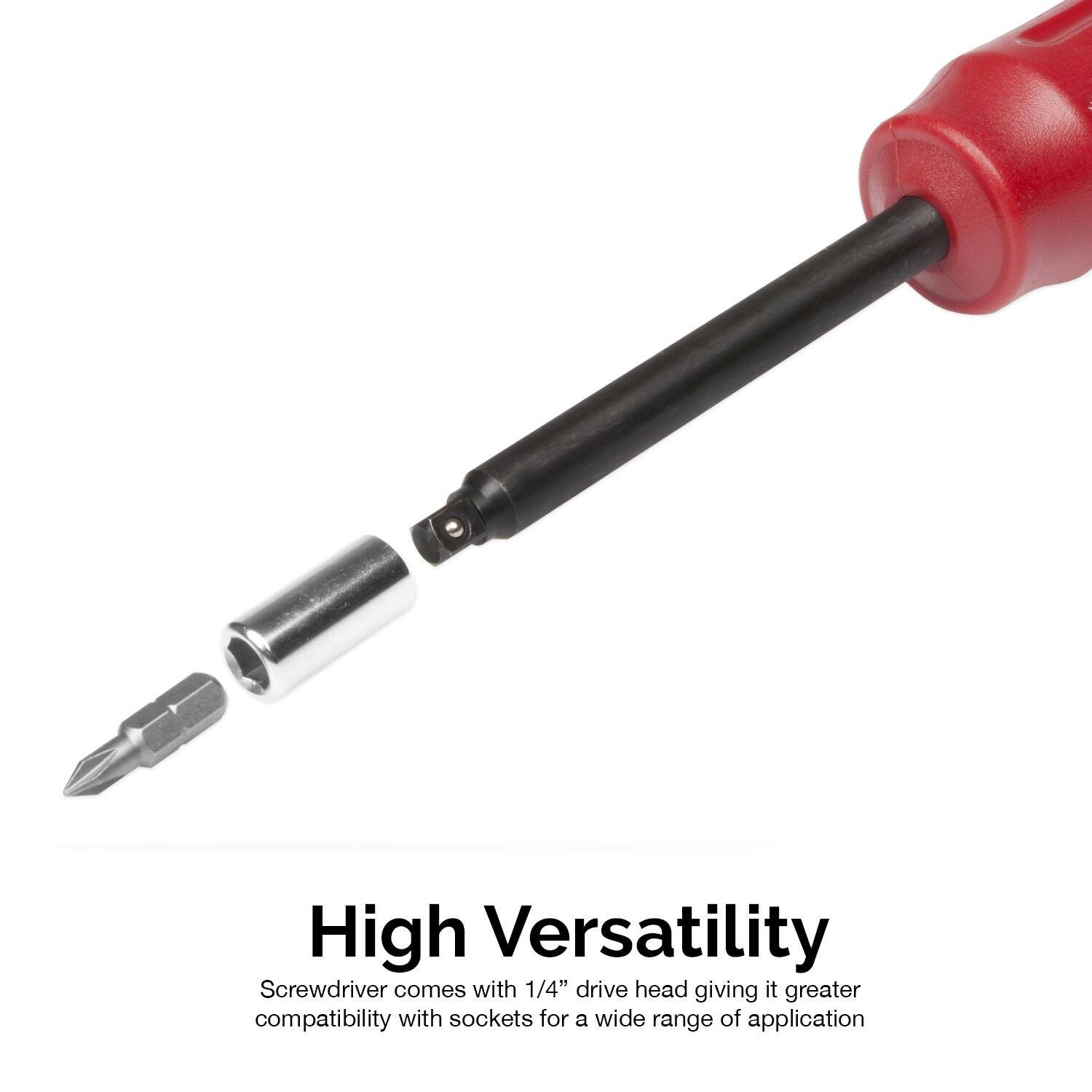 High Versatility

Screwdriver comes with 1/4" drive head giving it greater compatibility with sockets for a wide range of application