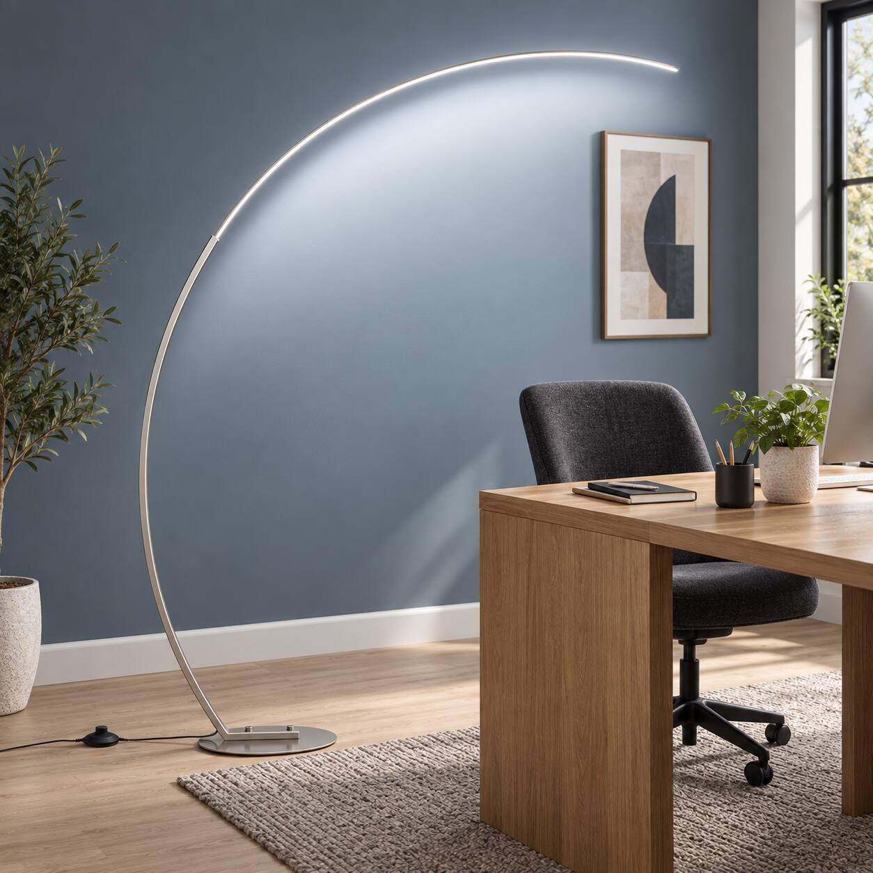Alt View 1. E.P. Light - 70" Contemporary Silver Curved Arc Floor Lamp with Remote & Foot Pedal - Silver.