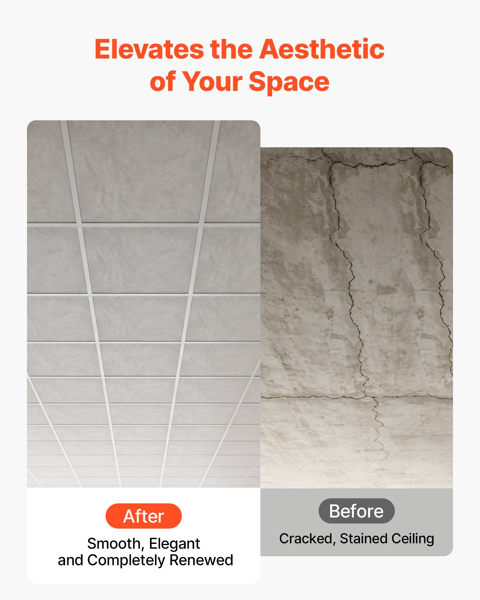 Elevates the Aesthetic of Your Space

After
Smooth, Elegant and Completely Renewed

Before
Cracked, Stained Ceiling