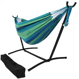 Sunnydaze - Large Cotton Hammock with Steel Stand and Carrying Case - Beach Oasis