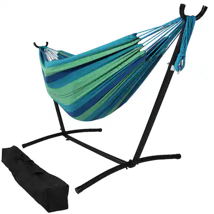 Front. Sunnydaze - Large Cotton Hammock with Steel Stand and Carrying Case - Beach Oasis.
