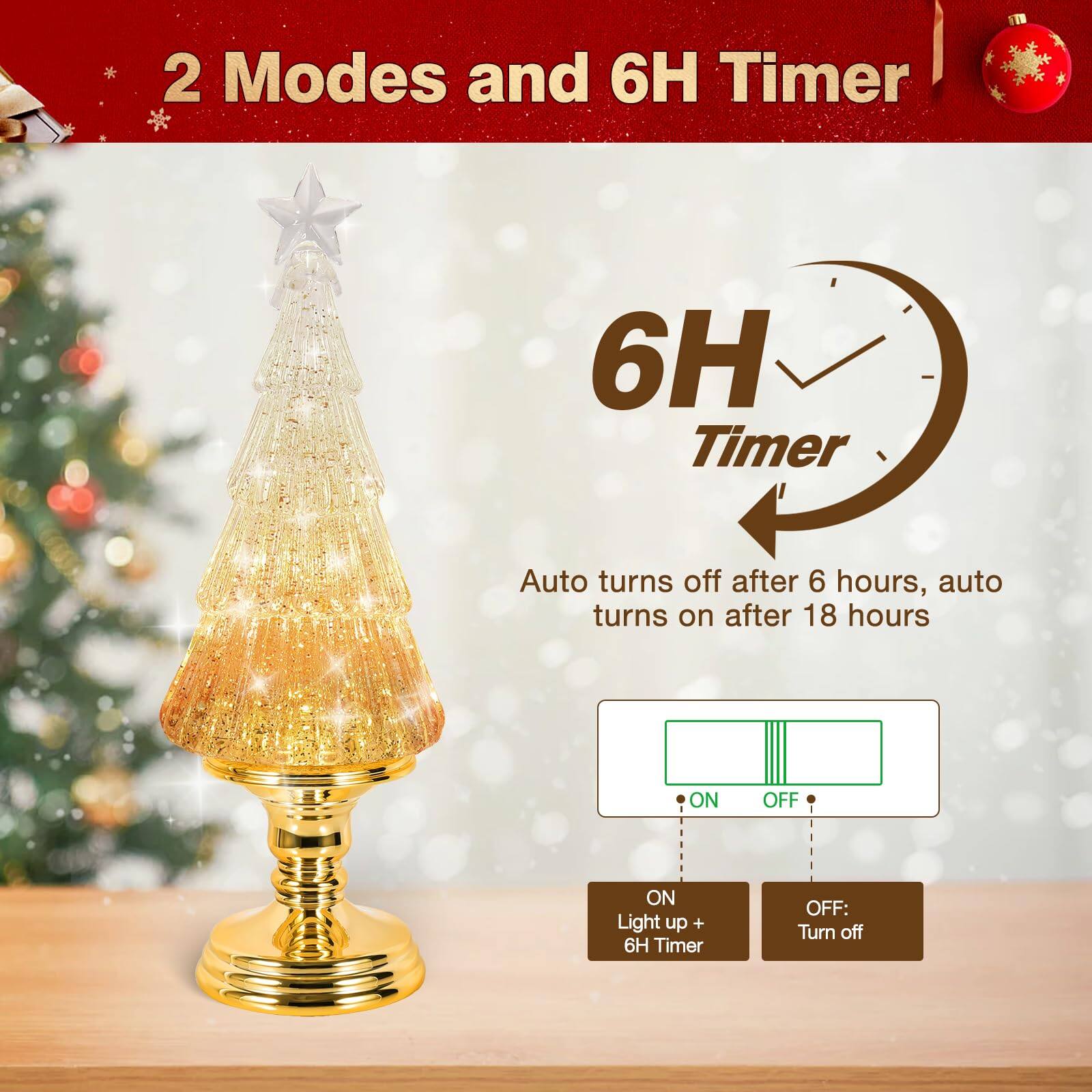 2 Modes and 6H Timer

6H Timer
Auto turns off after 6 hours, auto turns on after 18 hours

ON: Light up + 6H Timer
OFF: Turn off