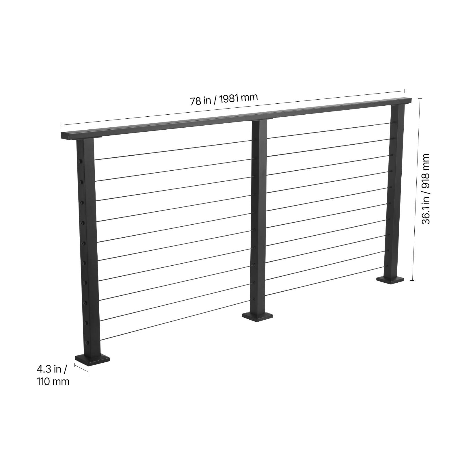 - 78 in / 1981 mm
- 36.1 in / 918 mm
- 4.3 in / 110 mm