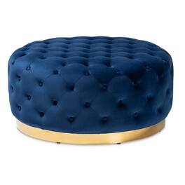 Baxton Studio - Sasha Glam and Luxe Velvet Fabric Upholstered Gold Finished Round Cocktail Ottoman - Royal Blue/Gold