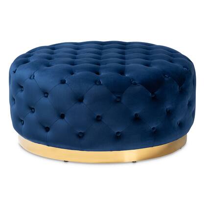 Front. Baxton Studio - Sasha Glam and Luxe Velvet Fabric Upholstered Gold Finished Round Cocktail Ottoman - Royal Blue/Gold.