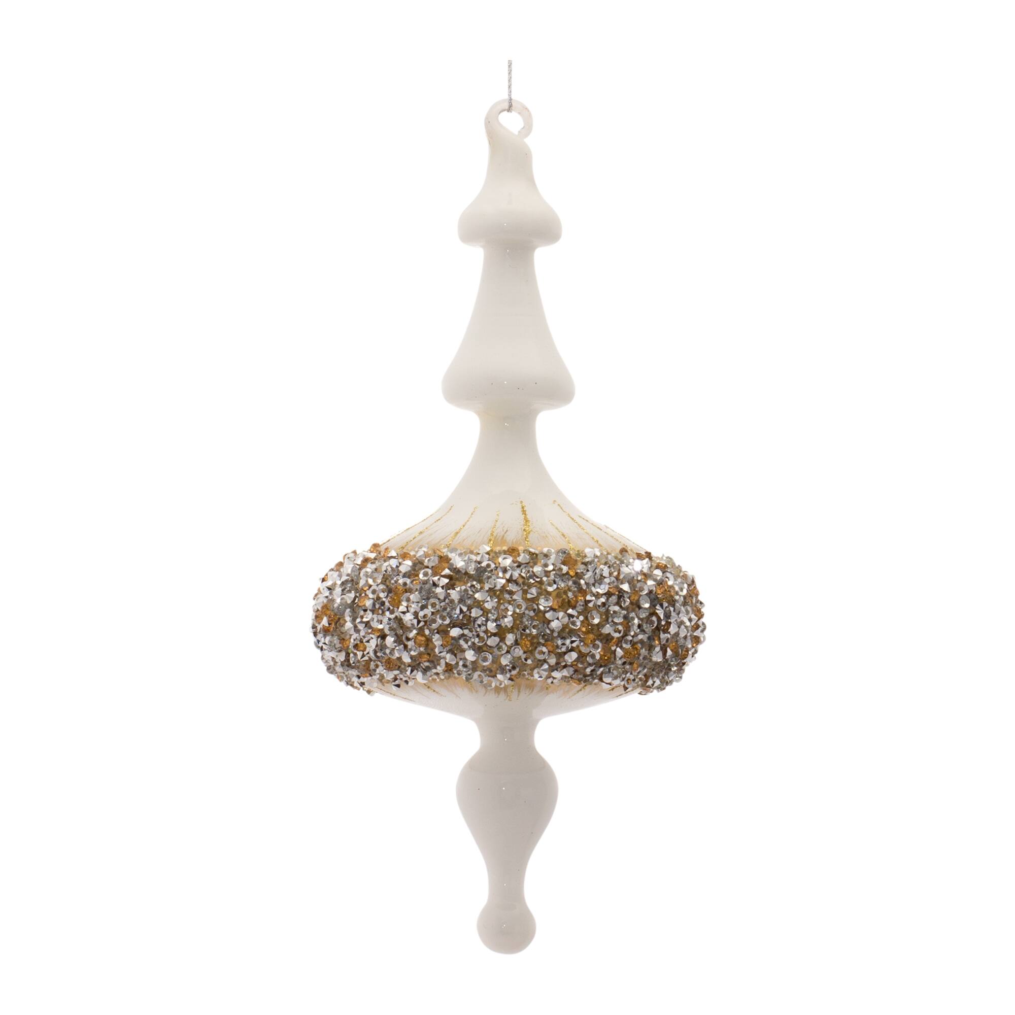 Left. BreeBe - Modern Glass Finial Ornament with Gold Bead Accent (Set of 6) - White, Gold, Silver.